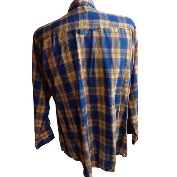 Large Vintage Western Shirt Mens Shiny Gold Plaid Ultra Thin 16.5 34 Dee Cee 80s - Picture 3 of 10
